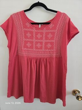 Ella Moss Coral Embroidered Short-Sleeve Top Size L
